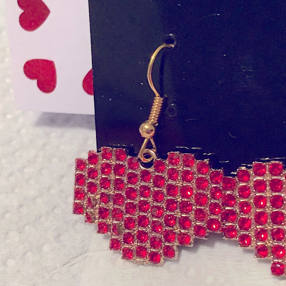 Heart Dangle Earrings Rhinestone Crystal Red Handmade Gift Love Valentines NEW - Picture 2 of 11